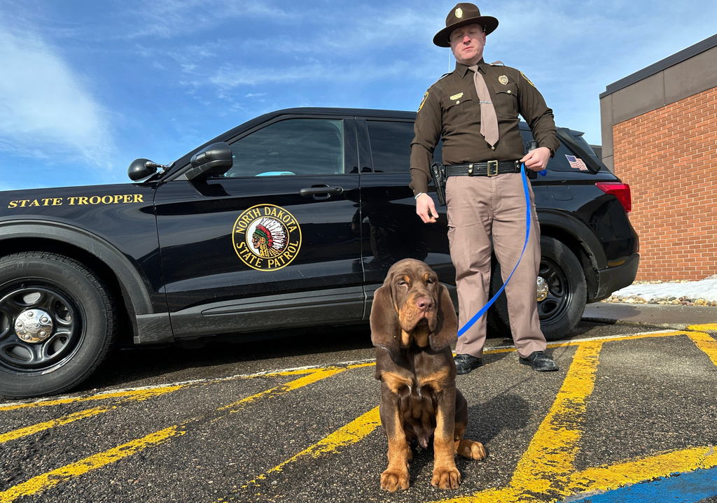North Dakota Highway Patrol Trooper Dustin Pattengale and Beau, a bloodhound puppy, pose for a photo on Friday, Feb. 27, 2026, outside the Highway Patrol office in Fargo, N.D. (AP Photo/Jack Dura)