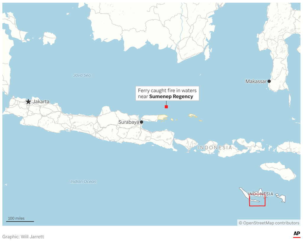 A map showing where a ferry caught fire off the coast of Indonesia. (AP Digital Embed)