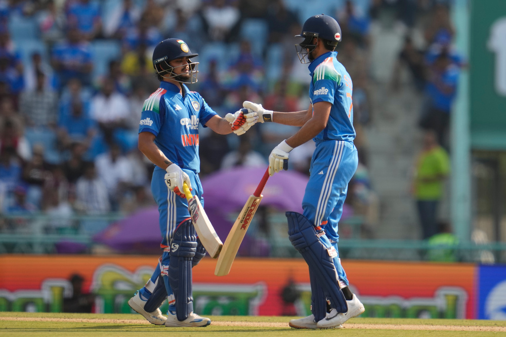 India's captain Shubman Gill, right, and Ishan Kishan celebrate after scoring run during the second ODI cricket match between India and Afghanistan in Lucknow, India, Wednesday, June 17, 2026. (AP Photo/Manish Swarup)