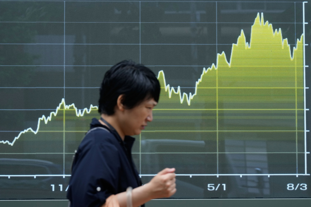 A person walk in front of an electronic stock chart board showing Japan's Nikkei index at a securities firm Thursday, Aug. 13, 2026, in Tokyo. (AP Photo/Eugene Hoshiko)