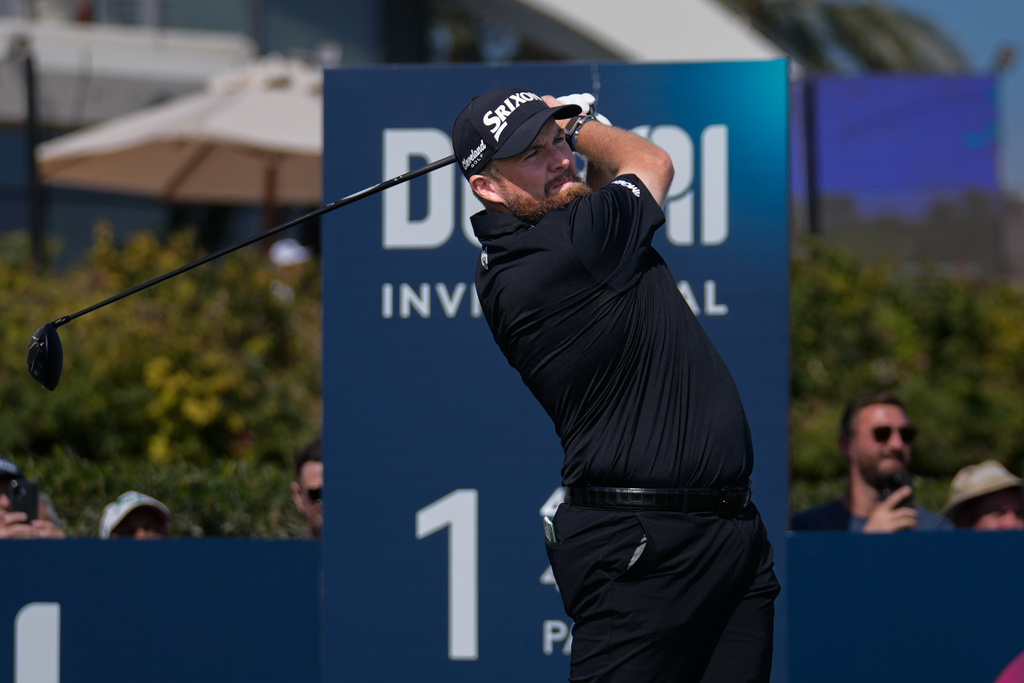 Shane Lowry of Ireland hits off the first tee during the final round of Dubai Invitational golf tournament in Dubai, United Arab Emirates, Sunday, Jan. 18, 2026. (AP Photo/Altaf Qadri)