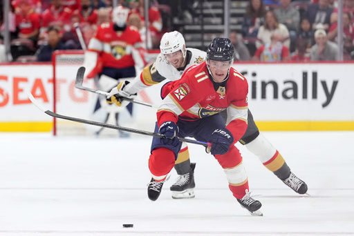 Florida Panthers right wing Mackie Samoskevich (11) is pursued by Vegas Golden Knights center Colton Sissons (10) during the second period of an NHL hockey game, Saturday, Oct. 25, 2025, in Sunrise, Fla. (AP Photo/Rebecca Blackwell) Florida Panthers right wing Mackie Samoskevich (11) is pursued by Vegas Golden Knights center Colton Sissons (10) during the second period of an NHL hockey game, Saturday, Oct. 25, 2025, in Sunrise, Fla. (AP Photo/Rebecca Blackwell)
