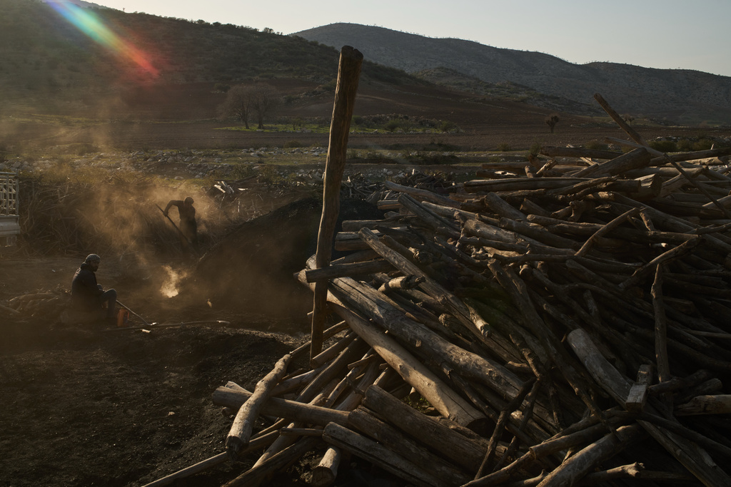 Men work at a traditional charcoal production site in Sarkand, Iraq, Thursday, March 12, 2026. (AP Photo/Leo Correa)