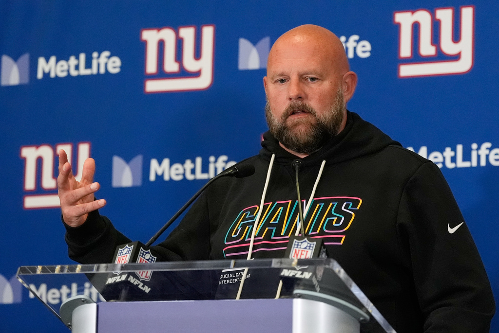 New York Giants' Brian Daboll speaks during a news conference after an NFL football game against the Philadelphia Eagles Thursday, Oct. 9, 2025, in East Rutherford, N.J. (AP Photo/Yuki Iwamura)