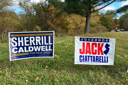 Signs for gubernatorial nominees Democrat Mikie Sherrill and Republican Jack Ciattarelli stand by a roadside in Warren, N.J., Thursday, Oct. 23, 2025. (AP Photo/Robert Yoon) Signs for gubernatorial nominees Democrat Mikie Sherrill and Republican Jack Ciattarelli stand by a roadside in Warren, N.J., Thursday, Oct. 23, 2025. (AP Photo/Robert Yoon)