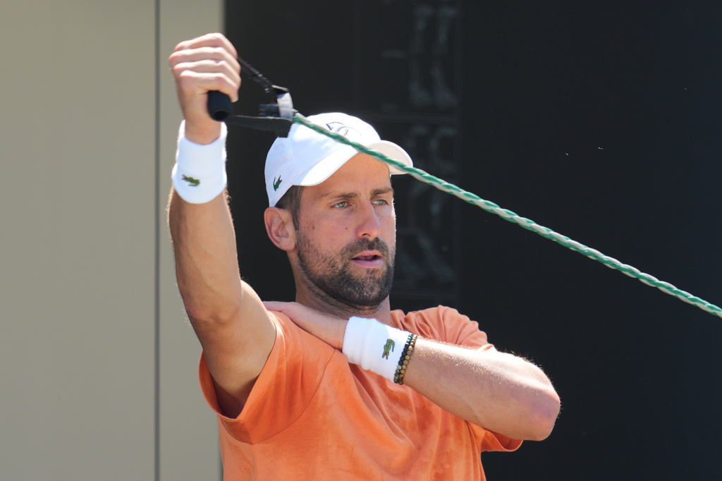 Novak Djokovic or Serbia attends a practice session ahead of the Wimbledon Tennis Championships, in London, Wednesday, June 24, 2026. (AP Photo/Kin Cheung)