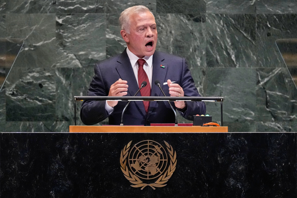 Jordan King Abdullah II addresses the 80th session of the United Nations General Assembly, Tuesday, Sept. 23, 2025. (AP Photo/Richard Drew)