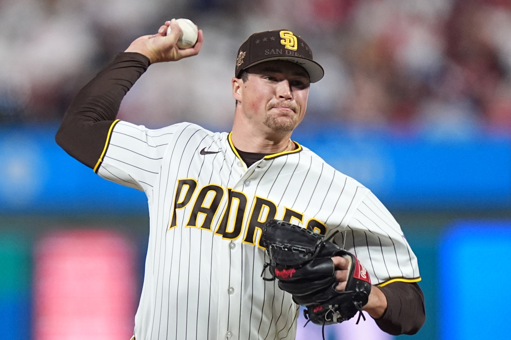 San Diego Padres' Mason Miller throws in the ninth inning during the MLB baseball All-Star Game between the American League and National League, Tuesday, July 14, 2026, in Philadelphia. (AP Photo/Matt Rourke)