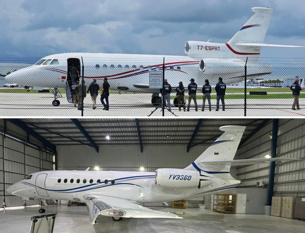 This combination of images obtained from 2025 documents released by the U.S. District Court for the Southern District of Florida, shows a Dassault Falcon 900 EX, with the tail number T7-ESPRT, that was seized in Santo Domingo, Dominican Republic, at the request of the United States in May 2024, top, and a Dassault Falcon 2000EX, with the tail number YV3360, seized in Santo Domingo at the request of the United States in February 2025, bottom. (U.S. District Court for the Southern District of Florida via AP)