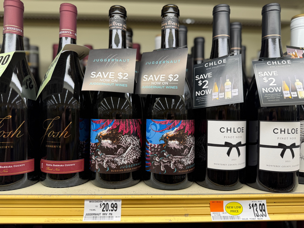 A variety of pinot noir wines, from left, Josh Cellars Reserve, Juggernaut, and Chloe, are displayed at a grocery store in Concord, N.H. on June 8, 2026. (J.M. Hirsch via AP)