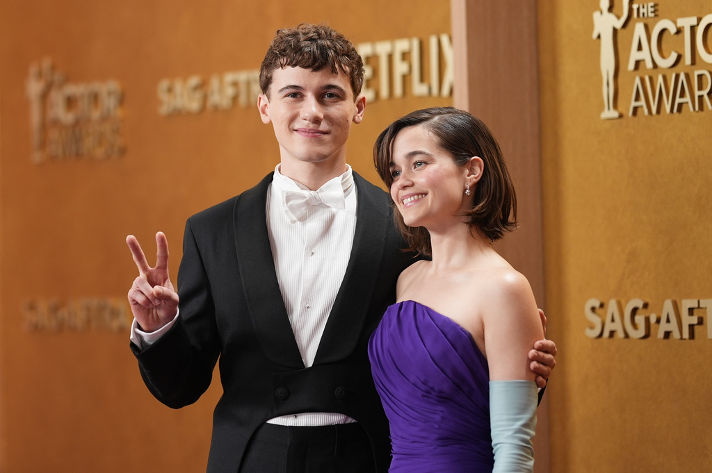 Sam Nivola, left, and Sarah Catherine Hook arrive at the 32nd Annual Actor Awards on Sunday, March 1, 2026, at the Shrine Auditorium and Expo Hall in Los Angeles. (Photo by Richard Shotwell/Invision/AP)