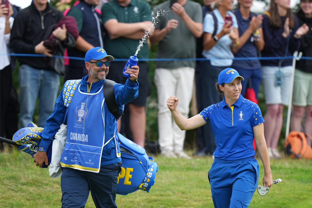 Carlota Ciganda of Europe reacts as she walks onto the 16th green during the final day of the Solheim Cup in Den Bosch, Netherlands, Sunday, Sept. 13, 2026. (AP Photo/Alastair Grant)