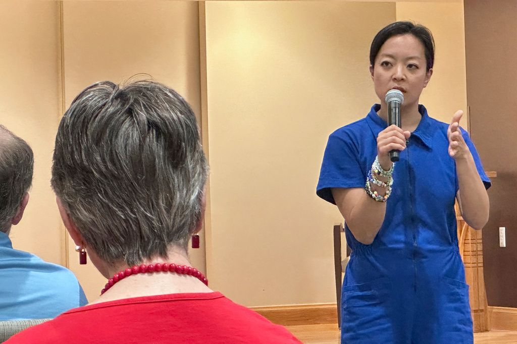 Francesca Hong, a Democratic socialist candidate for Wisconsin governor, speaks to voters at a retirement home, Tuesday, July 7, 2026, in Madison, Wis. (AP Photo/Scott Bauer)