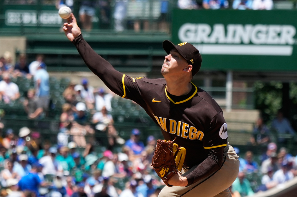 San Diego Padres starting pitcher Walker Buehler throws against the Chicago Cubs during the first inning of a baseball game in Chicago, Wednesday, July 1, 2026. (AP Photo/Nam Y. Huh)