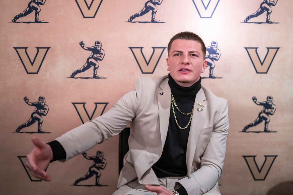 Heisman Trophy finalist Vanderbilt quarterback Diego Pavia speaks during an NCAA college football news conference before the award ceremony, Saturday, Dec. 13, 2025, in New York. (AP Photo/Eduardo Munoz Alvarez)