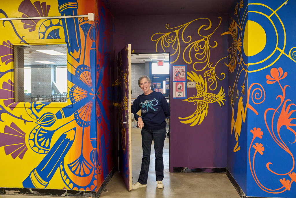 Art teacher Joyce Hatzidakis poses for a portrait in her classroom Thursday, Jan. 22, 2026, Riverside, Calif. (AP Photo/Damian Dovarganes)