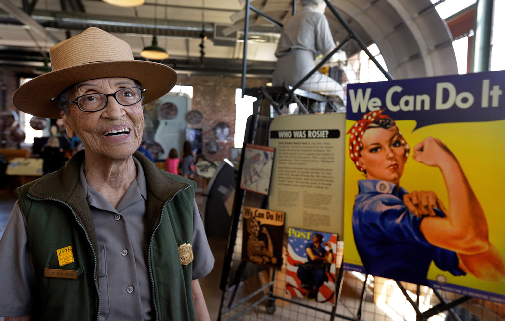FILE - National Park Service Ranger Betty Reid Soskin works at the Rosie the Riveter World War II Home Front National Historical Park in Richmond, Calif., July 12, 2016. (AP Photo/Ben Margot, file)