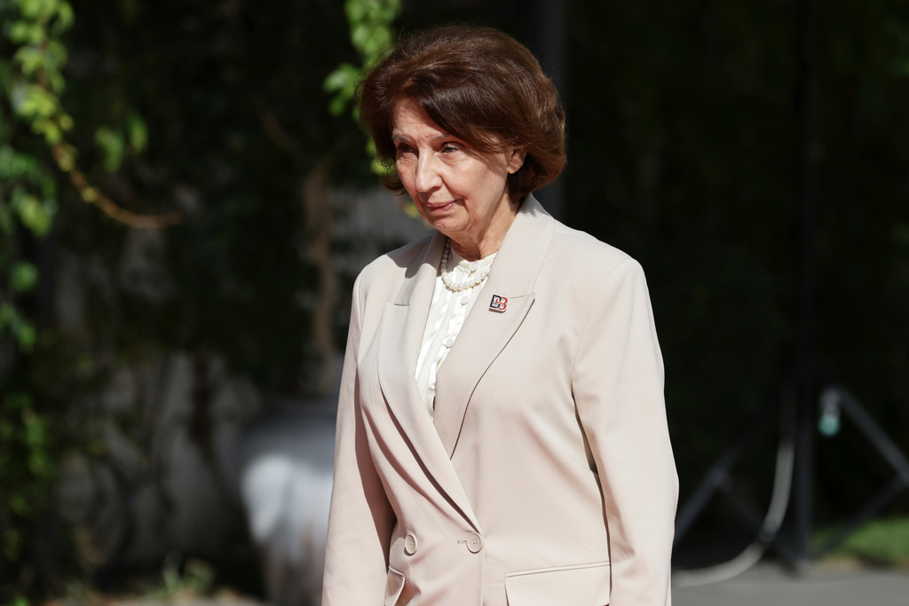 North Macedonia President Gordana Siljanovska-Davkova arrives at the Brdo-Brijuni, Process Leaders' Meeting in Golem, Albania, 50 kilometers (30 miles) west of the capital, Tirana , Albania on Monday, Oct. 6, 2025 .(AP Photo/Vlasov Sulaj)