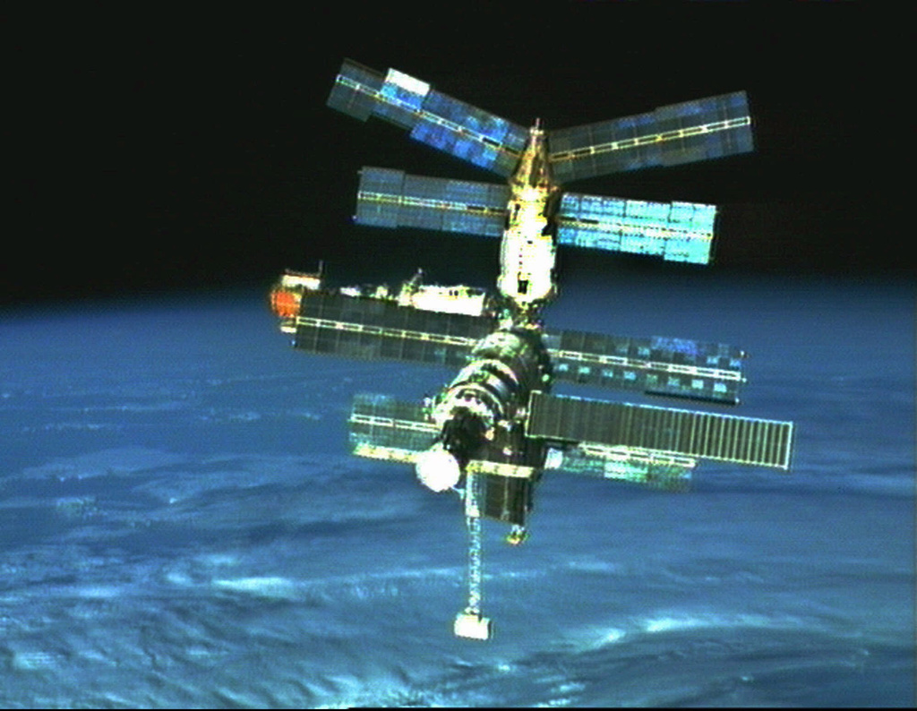 FILE - The Russian space station Mir is seen from space shuttle Atlantis during a fly around after Atlantis undocked from Mir Thursday, March 28, 1996, in this image from television. (AP Photo/NASA TV)