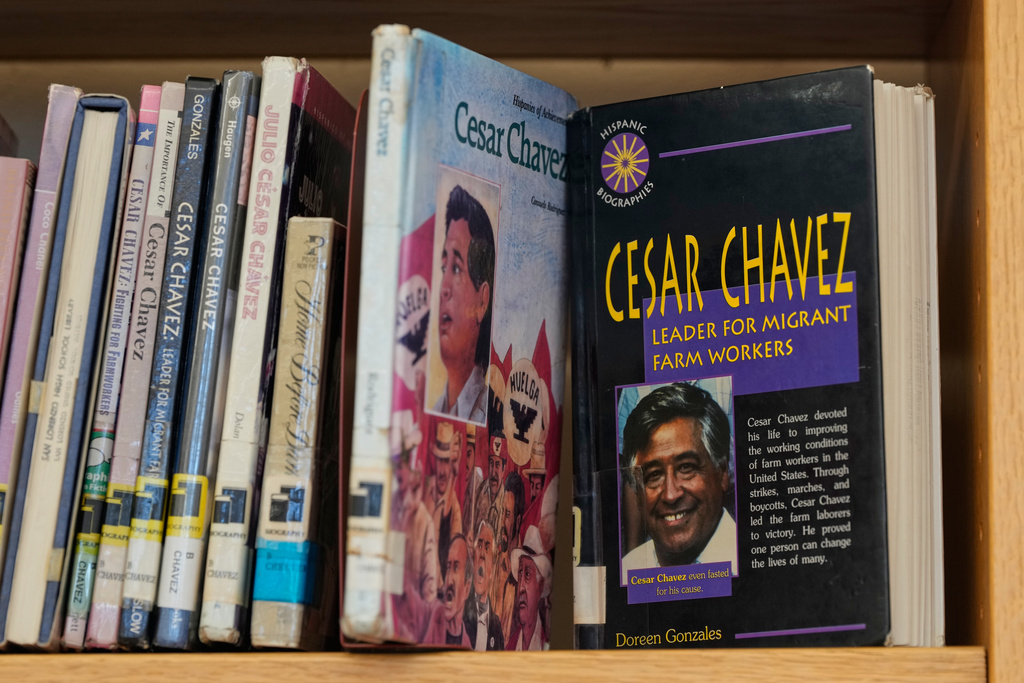 Books about Cesar Chavez are seen on a library shelf at San Lorenzo High School Wednesday, March 18, 2026, in San Lorenzo, Calif. (AP Photo/Godofredo A. Vásquez)