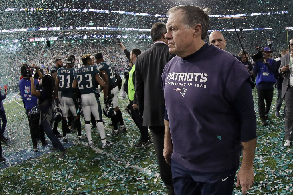 FILE - New England Patriots head coach Bill Belichick walks off the field after the NFL Super Bowl 52 football game against the Philadelphia Eagles Sunday, Feb. 4, 2018, in Minneapolis. The Eagles won 41-33. (AP Photo/Mark Humphrey, File)