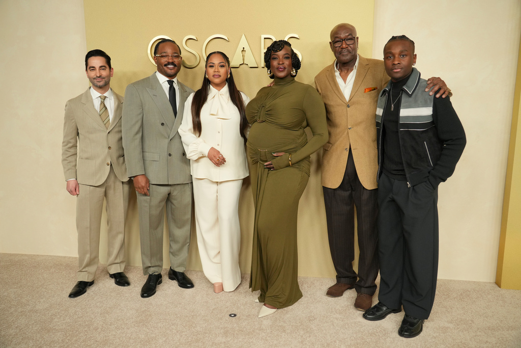 Sev Ohanian, from left, Ryan Coogler, Zinzi Evans, Wunmi Mosaku, Delroy Lindo, and Miles Caton arrive at the 98th Academy Awards Oscar nominees luncheon on Tuesday, Feb. 10, 2026, at the Beverly Hilton Hotel in Beverly Hills, Calif. (Photo by Jordan Strauss/Invision/AP)