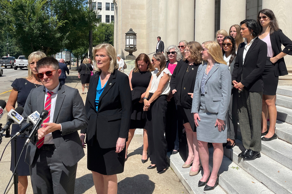 FILE - The legal team for Planned Parenthood South Atlantic speaks outside the South Carolina Supreme Court building in Columbia, S.C. on June 27, 2023. (AP Photo/James Pollard, File)