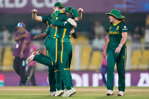 South Africa's players celebrate after winning the ICC Women's Cricket World Cup first semifinal match between England and South Africa at Barsapara Cricket Stadium in Guwahati, India, Thursday, Oct. 29, 2025. (AP Photo/Anupam Nath) South Africa's players celebrate after winning the ICC Women's Cricket World Cup first semifinal match between England and South Africa at Barsapara Cricket Stadium in Guwahati, India, Thursday, Oct. 29, 2025. (AP Photo/Anupam Nath)