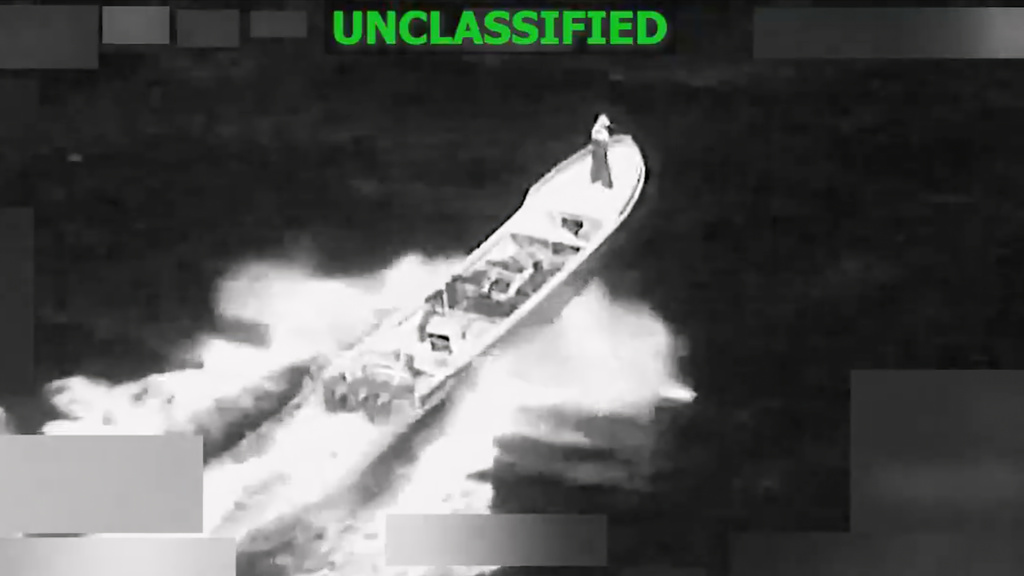 This image from video provided by U.S. South Command, shows a vessel accused of trafficking drugs in the eastern Pacific Ocean shortly before it was destroyed by the U.S. military, killing two and injuring one, on Jan. 23, 2026. (U.S. Southern Command via AP)
