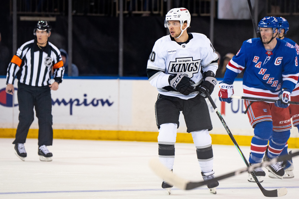 Los Angeles Kings left wing Artemi Panarin (10), a former New York Rangers player, looks on during the first period of an NHL hockey game against his former team, Monday, March 16, 2026, in New York. (AP Photo/Angelina Katsanis)