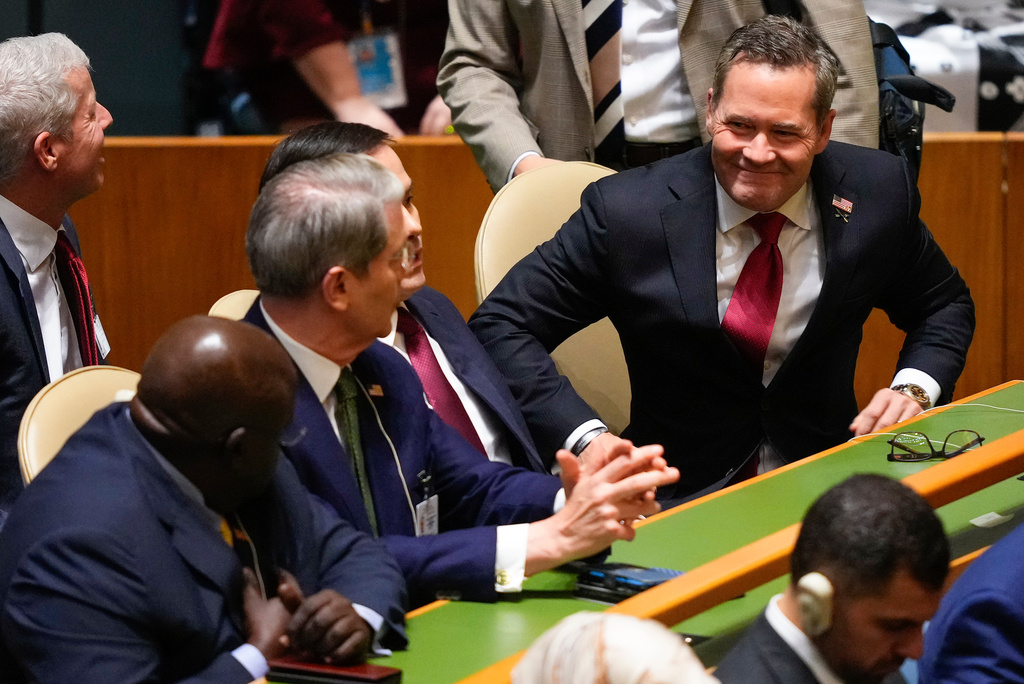United States ambassador to the United Nations Mike Waltz, right, greets U.S. Secretary of the Treasury Scott Bessent and Secretary of State Marco Rubio during the United Nations General Assembly, Tuesday, Sept. 23, 2025, at U.N. headquarters. (AP Photo/Yuki Iwamura)