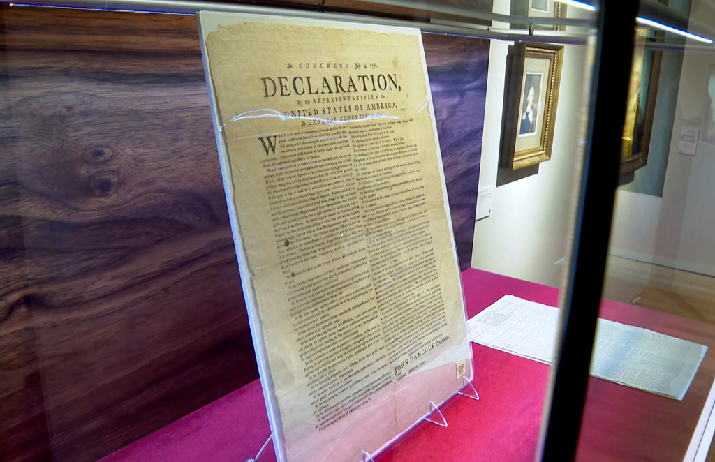 A copy of the Declaration of Independence, printed by Robert Luist Fowle in July 1776, sits on display at Christie's during a preview for the "We the People: America at 250" auction, Jan. 15, 2026 in New York. (AP Photo/Joe Frederick)