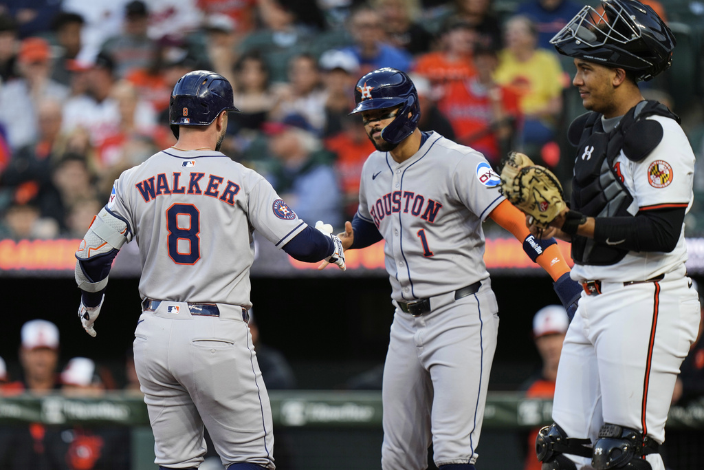 Houston Astros' Christian Walker (8) celebrates with Carlos Correa (1) after hitting a two-run home run during the first inning of a baseball game against the Baltimore Orioles, Thursday, Aug. 21, 2025, in Baltimore. (AP Photo/Stephanie Scarbrough)