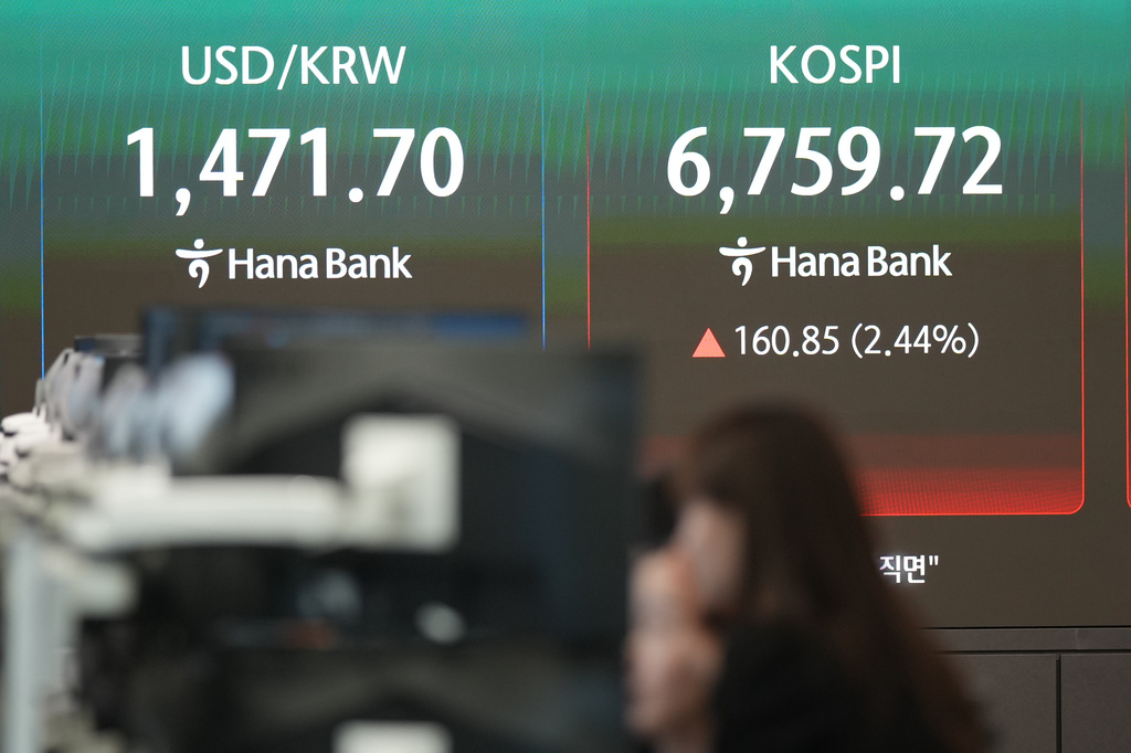 Dealers watch computer monitors near the screens showing the Korea Composite Stock Price Index (KOSPI) and the foreign exchange rate between U.S. dollar and South Korean won at a dealing room of Hana Bank in Seoul, South Korea, Monday, May 4, 2026. (AP Photo/Lee Jin-man)