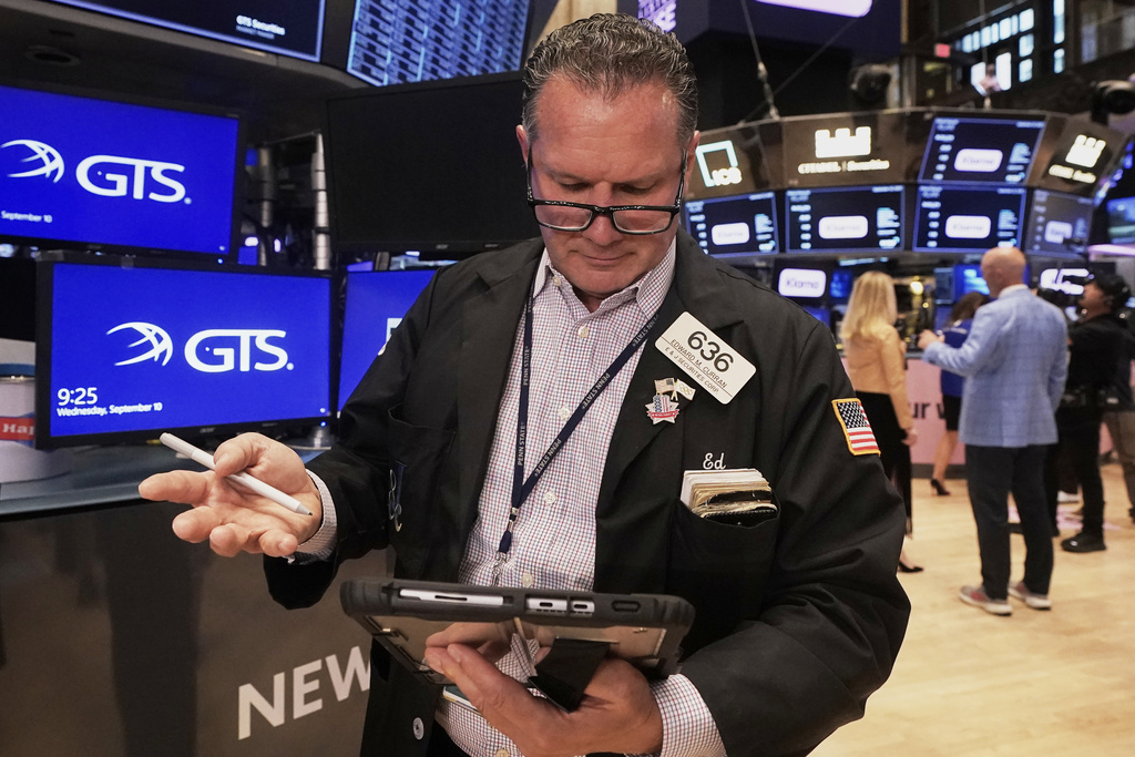 Trader Edward Curran works on the floor of the New York Stock Exchange, Wednesday, Sept. 10, 2025. (AP Photo/Richard Drew)