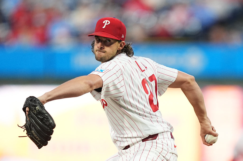 Philadelphia Phillies' Aaron Nola pitches during the first inning of a baseball game against the Milwaukee Brewers, Wednesday, Sept. 23, 2026, in Philadelphia. (AP Photo/Matt Rourke)