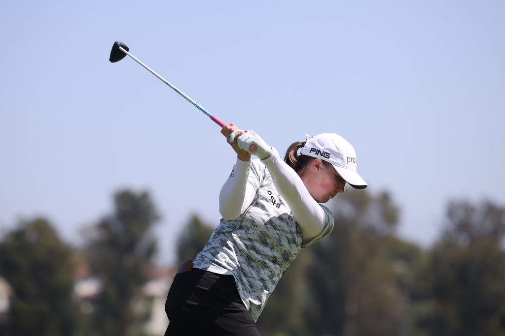 Jennifer Kupcho hits off the 10th tee during the first round of the U.S. Women's Open golf tournament Thursday, June 4, 2026, in the Pacific Palisades area of Los Angeles. (AP Photo/Jessie Alcheh)