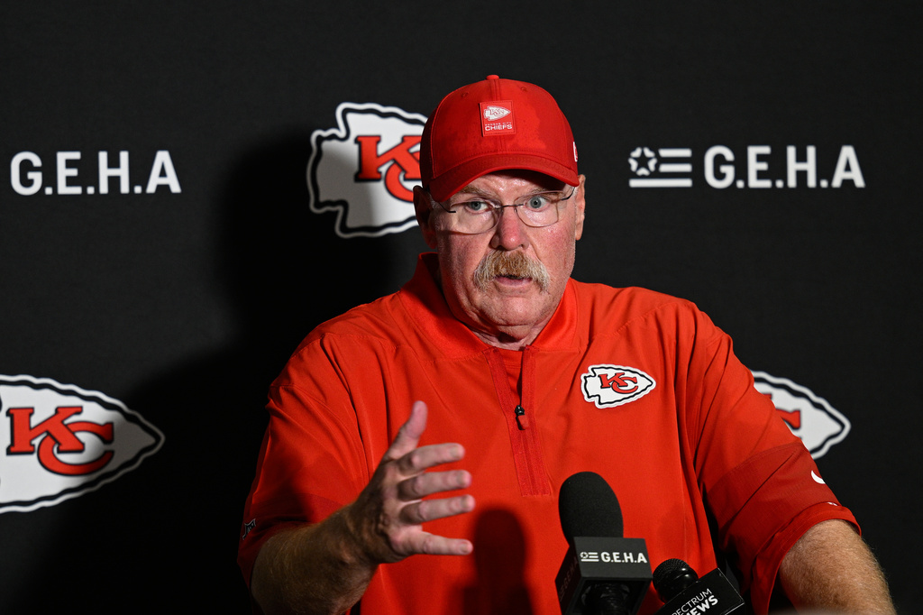 Kansas City Chiefs head coach Andy Reid speaks to the media after an NFL football game against the Jacksonville Jaguars, Monday, Oct. 6, 2025, in Jacksonville, Fla. (AP Photo/Phelan M. Ebenhack)