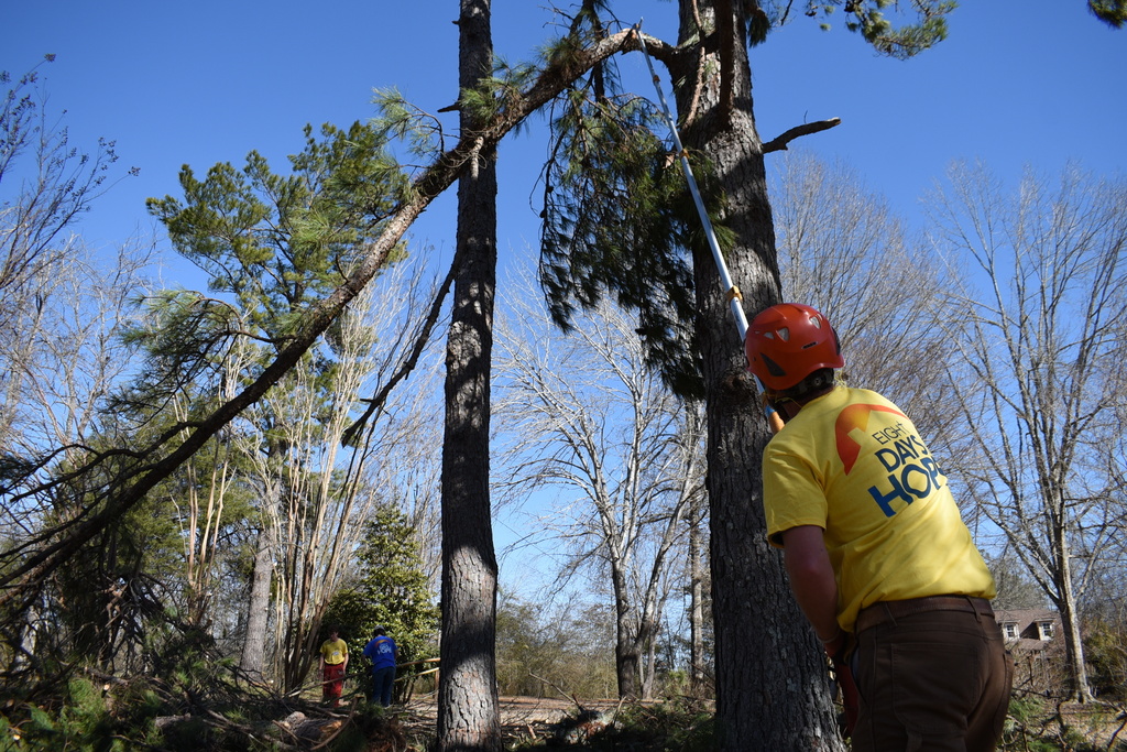Clint Oldfield, a volunteer with Eight Days of Hope, cuts down a tree limb on Friday, Feb. 6, 2026 in Oxford, Ms. (AP Photo/Sophie Bates)