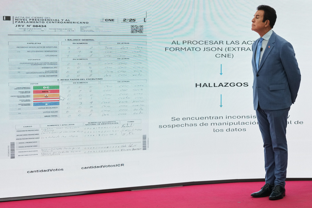 FILE - Liberal Party presidential candidate Salvador Nasralla stands before a document projected on a large screen alleging irregularities in the election vote count, during a press conference in Tegucigalpa, Honduras, Dec. 10, 2025. (AP Photo/Moises Castillo, File)