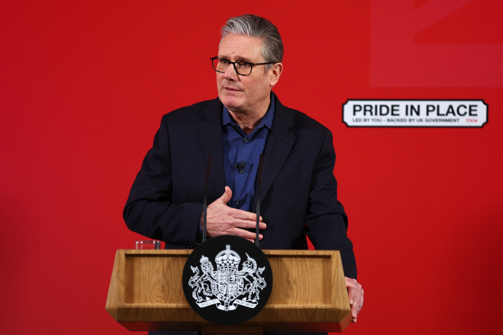 Britain's Prime Minister Keir Starmer delivers a speech at Horntye Park Sports Complex in St Leonards-on-Sea, East Sussex, England, Thursday, Feb. 5, 2026. (Peter Nicholls/Pool Photo via AP)