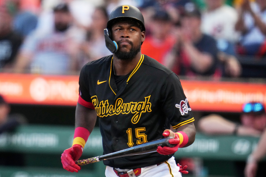 Pittsburgh Pirates' Oneil Cruz heads back to the dugout after striking out against Detroit Tigers pitcher Keider Montero during the second inning of a baseball game in Pittsburgh, Tuesday, Aug. 18, 2026. (AP Photo/Gene J. Puskar)