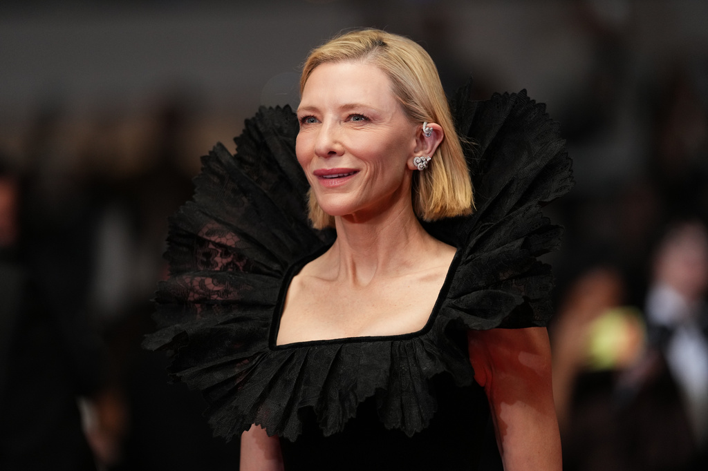 Cate Blanchett poses for photographers upon arrival at the premiere of the film 'Paper Tiger' at the 79th international film festival, Cannes, southern France, Saturday, May 16, 2026. (Photo by Scott A Garfitt/Invision/AP)