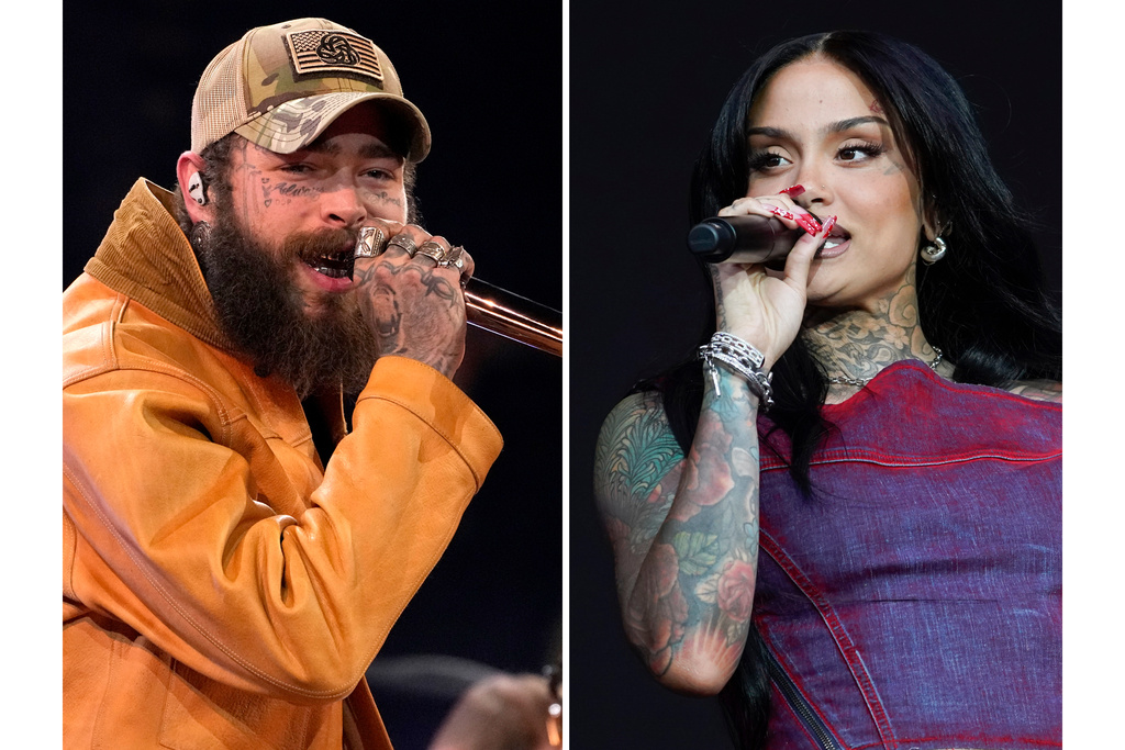 This combination of photos show Post Malone performing at the 57th Annual CMA Awards in Nashville, Tenn., on Nov. 8, 2023, left, and Kehlani performing at All Points East festival in London on Aug. 18, 2023. (AP Photo)