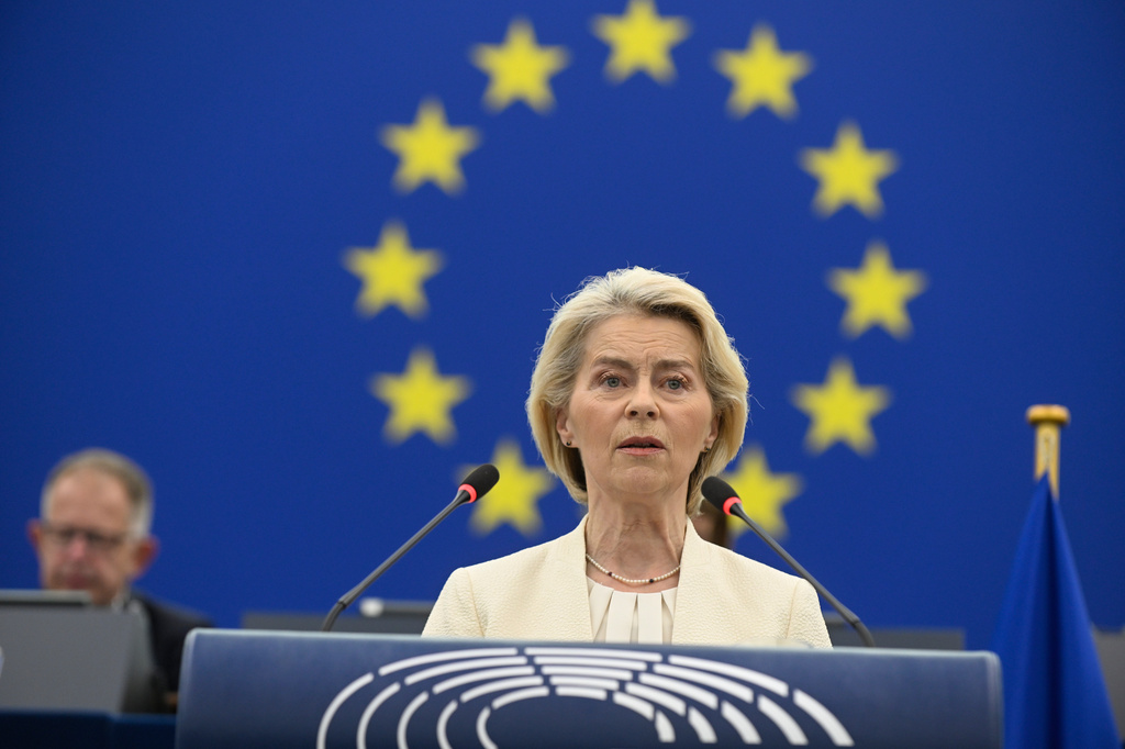 European Commission President Ursula von der Leyen delivers a speech at the annual State of the European Union at the European Parliament in Strasbourg, eastern France, Wednesday, Sept 16, 2026. (AP Photo/Pascal Bastien)