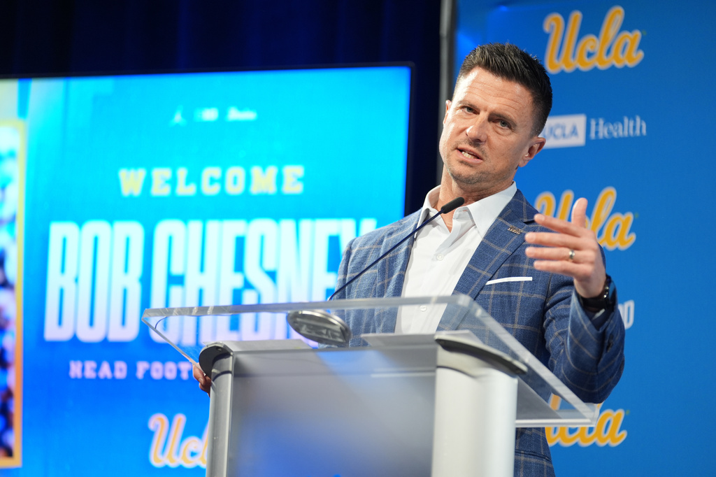 FILE - Bob Chesney speaks during his introduction as the new head coach for the NCAA college football team Dec. 9, 2025, in Los Angeles. (AP Photo/Marcio Jose Sanchez, File)