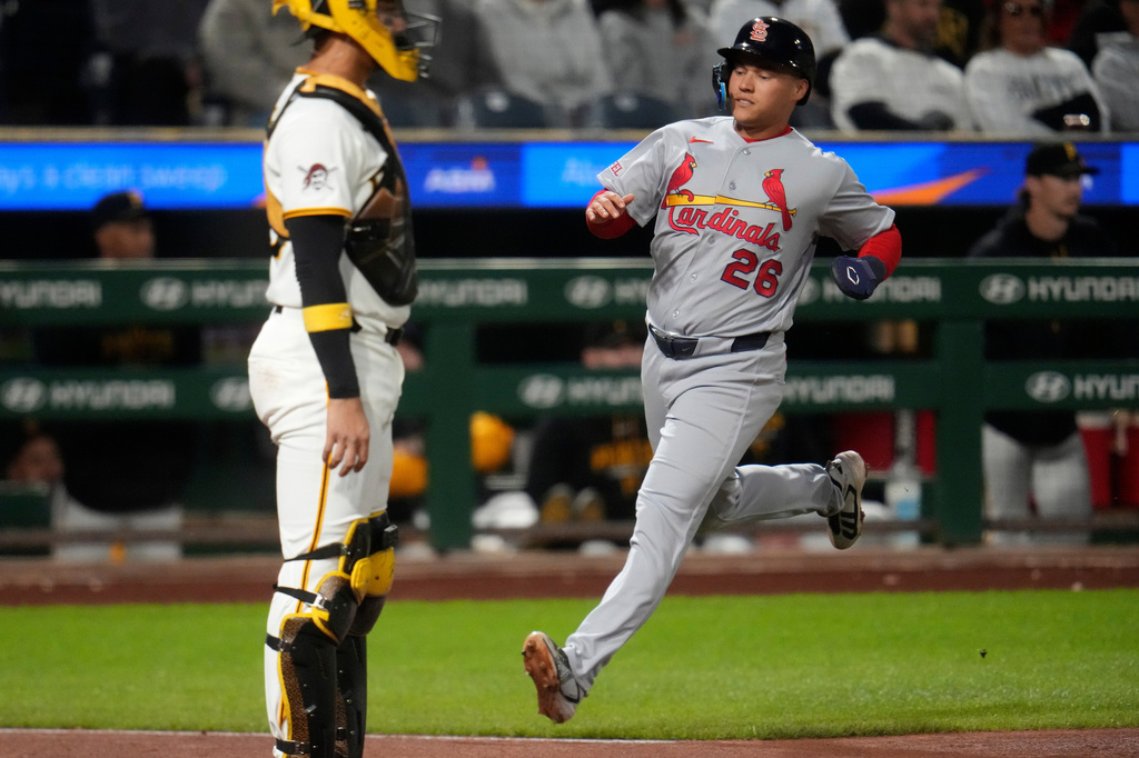 St. Louis Cardinals' JJ Wetherholt (26) scores on a single by Alec Burleson off Pittsburgh Pirates pitcher Brandon Eisert during the third inning of a baseball game in Pittsburgh, Wednesday, Sept. 23, 2026. (AP Photo/Gene J. Puskar)