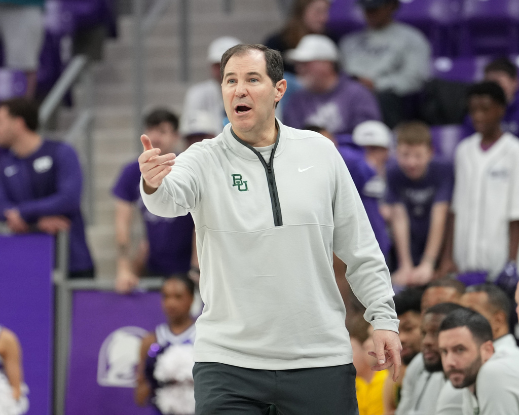 Baylor head coach Scott Drew reacts on the sideline in the first half of an NCAA college basketball game against TCU, Saturday, Jan.3, 2026, in Fort Worth, Texas. (Chris Jones/Waco Tribune-Herald via AP)