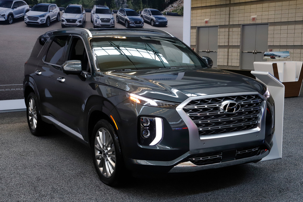 FILE - This is a 2020 Hyundai Palisade on display at the 2020 Pittsburgh International Auto Show Thursday, Feb.13, 2020 in Pittsburgh. (AP Photo/Gene J. Puskar, file)