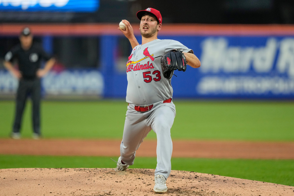 St. Louis Cardinals pitcher Andre Pallante throws during the second inning of a baseball game against the New York Mets, Wednesday, June 10, 2026, in New York. (AP Photo/Yuki Iwamura)